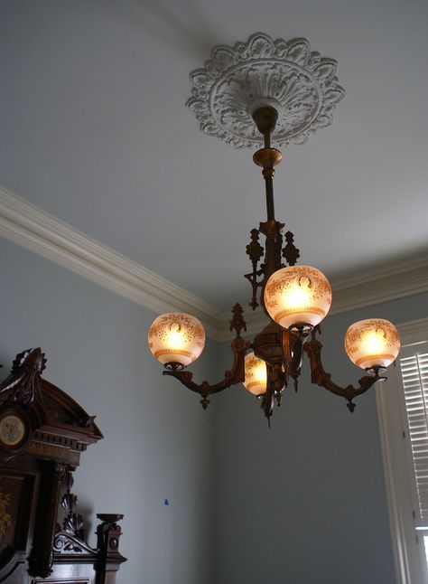 https://flic.kr/p/DiHoaM | The bedroom gas fixture, circa 1875 | Gas fixture maker is unknown. A set of 4 matching flashed amber 2 5/8" fitter gas shades also called cameo lady. Vintage Wall Lamps Antiques, Antique Lighting Vintage, Old Light Fixtures, Victorian Light Fixtures, Gas Lighting, Old Houses Renovation, Banquet Lamp, Oyster Fork, Repurposed Lamp