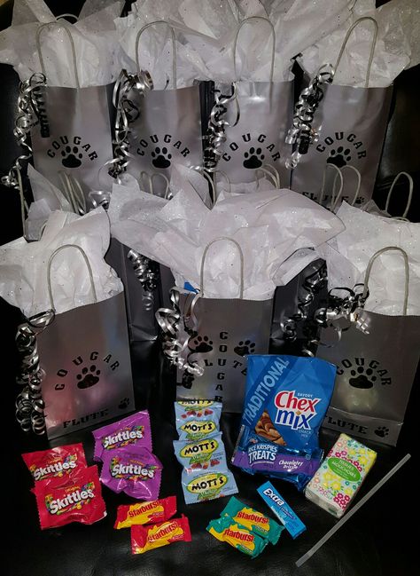 Marching Band Flutes Goodie Bag Marching Band Gifts Senior, Band Section Leader Ideas, Marching Band Gift Bags, Band Goodie Bag Ideas, Color Guard Gift Bags, Marching Band Goodie Bag Ideas, Color Guard Gift Ideas, Marching Band Senior Night Gift Ideas, Cheer Gifts For Team Goody Bags