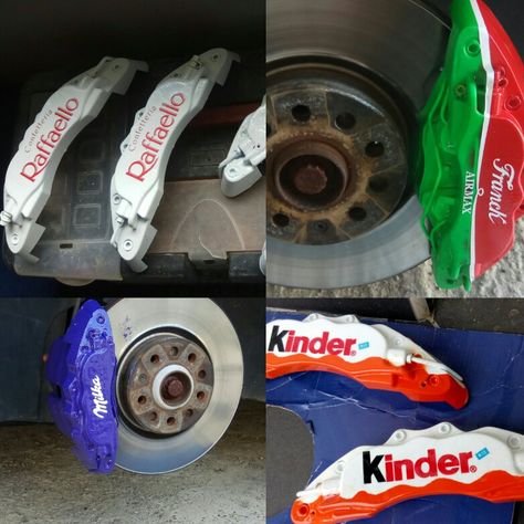 Raffaello Milka Kinder Franck custom calipers Painted Calipers, Cool Paint Jobs On Cars, Rc Car Paint Jobs, Brake Caliper Paint Ideas, Aerox 155 Yamaha, Candy Paint Cars, Brake Calipers Painted, Caliper Paint, Polo Gti