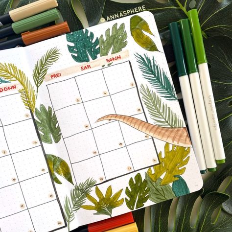 Anna | Bullet Journaling | Dino surprise🍃🦖 Here’s my calendar spread for April, complete with plenty of leaves and a raptor tail. My April Plan With Me blogpost… | Instagram Dinosaur Bullet Journal, March Bullet Journal, Bullet Journal 2020, Bullet Journal Setup, Bookbinding Tutorial, Plan With Me, Printable Calendar Template, Bullet Journal Themes, Bullet Journal Writing