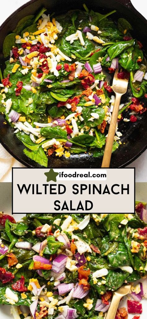 Wilted Spinach Salad recipe with warm bacon dressing, eggs, and red onion is the delicious side dish or light lunch you didn’t know you were missing. Wilted Salad With Bacon, Warm Spinach Salad With Bacon, Spinach Salad With Warm Bacon Dressing, Wilted Spinach Salad With Bacon, Wilted Salad Recipe, Spinach Sides, Wilted Salad, Wilted Lettuce Salad, Warm Spinach Salad