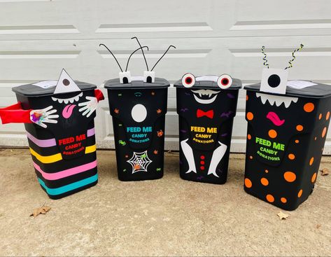 Candy Monster Donation Trash Can, Trash Can Monster, Candy Monster Donation Bin, Candy Monster Trash Can, Candy Monster Donation, Candy Donation Box Ideas Halloween, Candy Donation Box Ideas, Donation Boxes, Halloween Boxes