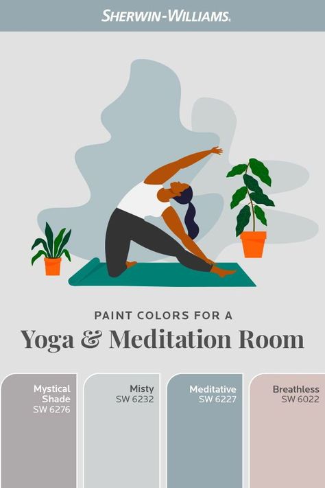 Make your at-home yoga space the calming retreat you need with cool hues from Sherwin-Williams. Tap the pin to discover more. #DIY #colorinspiration #interiordesign #yogaroom #meditationspace Yoga Room Ideas Zen Space Basement, Yoga Room Color Palette, Yoga Room Wall Colors, Basement Yoga Room, Meditation Room Colors Paint, Pink Yoga Room, Meditation Room Paint Colors, Yoga Studio Colors, Yoga Studio Paint Colors