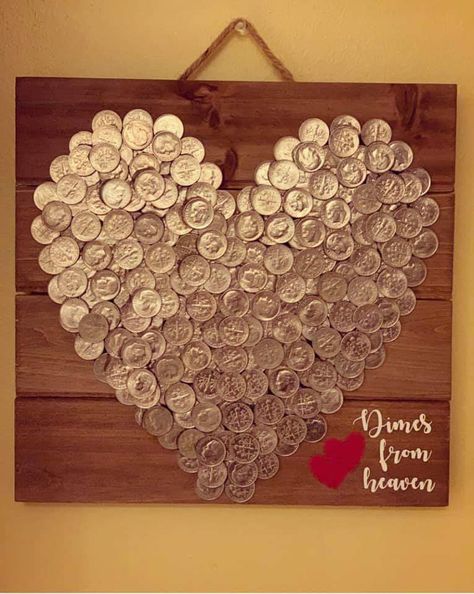 My dad passed away 9 years ago and I find dimes all the time . I know in my heart they are from him. I made this with all the dimes I have collected through the years❤️- Debbie Rinaldi Susi Pressed Penny Art, Cross Wall Collage, Dimes From Heaven, Finding Dimes, Entryway Renovation, Penny Wall, Penny Crafts, Craft Beer Shop, Coin Crafts