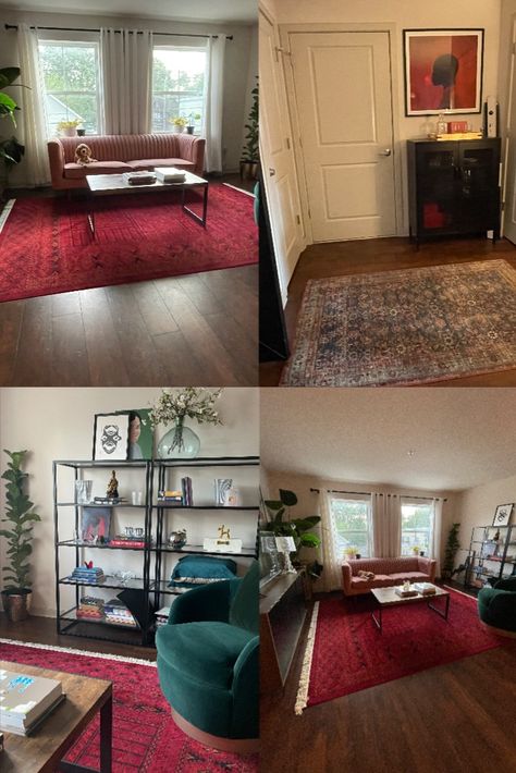 Red and green livingroom Green Living Room Red Sofa, Sage Green And Maroon Living Room, Green Sofa Red Rug, Green Room Red Rug, Sage Green And Red Living Room, Red Apartment, Maximalism Decor, Red Living Room Decor, Apartment Goals