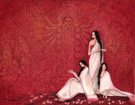 Durga Art Paintings, Red Art Aesthetic Painting, Bengali Women Painting, Goddess Durga Paintings, Durga Puja Painting, Pen Painting, Bengali Art, Durga Painting, South Asian Art