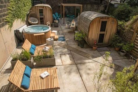 Outdoor Sauna And Hot Tub, Sauna And Hot Tub, Brooklyn Backyard, Mobile Sauna, Spa Getaways, Small Spa, Health And Wellness Center, Outdoor Baths, Cold Plunge