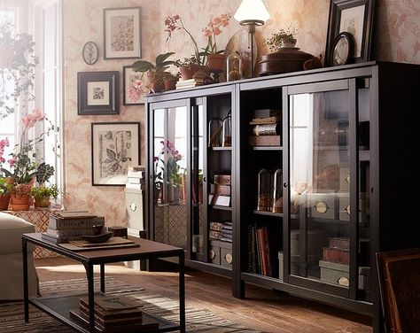 Ikea Floating Cabinet, Ikea Living Room Storage, Glass Door Cabinet Display, Cabinet Bookshelves, Ikea Wall Storage, Glass Door Cabinet, Billy Ikea, Ikea Storage Cabinets, Kitchen Styling Modern