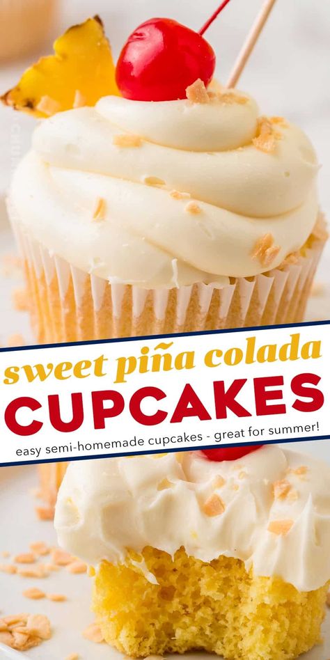 These piña colada cupcakes are the perfect blend of fluffy, soft, and moist. Topped with a swirl of vanilla buttercream frosting, and garnished with pineapple and a maraschino cherry, they taste like a sweet and coconut-y piña colada cocktail, and are perfect for Spring and Summer! Funky Cupcakes, Cupcake Store, Wendy's Frosty, Pina Colada Cupcakes, Coconut Cream Cheese Frosting, Pineapple Cupcakes, Unique Cupcakes, Savory Cakes, Cupcake Ideas