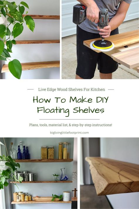 Floating shelves are an easy way to add storage space or display items without taking up valuable floor space. This post will cover how to make DIY floating shelves using live edge wood, including all the tools and materials necessary. Diy Live Edge Floating Shelves, Faux Live Edge Wood Diy, Live Edge Wood Shelves, Floating Shelf Plans, Diy Floating Shelf, Heavy Duty Floating Shelves, Shelves For Kitchen, Diy Floating Shelves, Diy Solar Panel