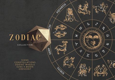 Astrology Zodiac Collection by Chewie Co on @creativemarket Scorpio Sketch, Astronomy Background, Zodiac Sign Constellation, Capricorn Sun, Libra Star, Retro Night, Leo Moon, Night Tattoo, Mystic Symbols