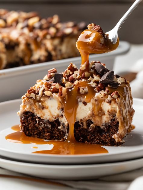 Decadent German Chocolate Poke Cake 🥥  🥥 𝗜𝗻𝗴𝗿𝗲𝗱𝗶𝗲𝗻𝘁𝘀 🥥 1 box German chocolate cake mix 1 ⅓ cups water ½ cup vegetable oil 3 large eggs For the Filling 1 can (14 oz) sweetened condensed milk 1 jar (12 oz) caramel topping For the Topping 1 cup chopped pecans 🥥 Decorated German Chocolate Cake, Red Velvet Poke Cake Condensed Milk, German Chocolate Poke Cake Recipes, German Desserts Authentic, Poke Cakes Condensed Milk, Box German Chocolate Cake, German Chocolate Poke Cake, German Chocolate Cheesecake, German Chocolate Cake Mix