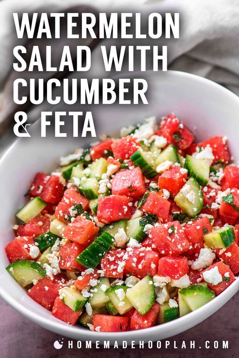 Watermelon Salad With Cucumber And Feta, Cucumber Melon Salad, Watermelon Cucumber Salad, Hosting Era, Postpartum Meals, Chopped Salads, Salad With Cucumber, Watermelon Salad Recipes, Foodie Lover