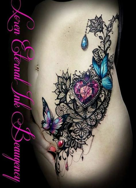 Lace Butterfly Tattoo, Lace Flower Tattoos, Lace Skull Tattoo, Lace Sleeve Tattoos, Jewelry Tattoo Designs, Butterfly Tattoo Design, Amazing 3d Tattoos, Purple Tattoos, Lace Tattoo Design