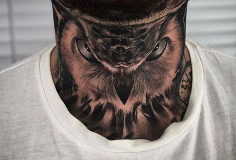 Neck Throat Tattoo For Guys, Lion Throat Tattoo, Mens Front Neck Tattoos, Owl Neck Tattoo Men, Throat Tattoo Men Ideas, Owl Throat Tattoo, Full Throat Tattoo Men, Lion Neck Tattoo, Front Neck Tattoos For Men