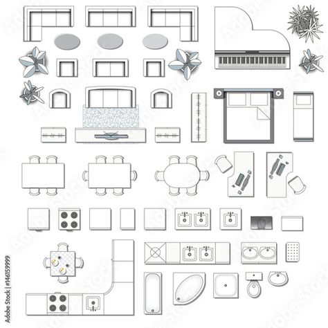 Stock Image: Set top view for interior icon  design. Elements for living room,  bedroom, kitchen, bathroom. Floor  plan. Furniture store. Vector  Illustration. Blueprint Symbols, Floor Plan Sketch, Floor Plan Symbols, Architecture Symbols, Interior Architecture Sketch, Interior Design Sketchbook, Drawing Furniture, Icon Set Design, Furniture Design Sketches