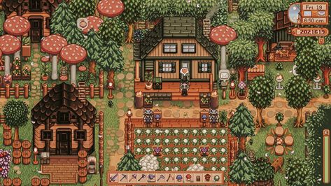 Stardew Valley Space Filler, Stardew Valley Meadowlands Farm Layout 1.6, Stardew Meadowlands Farm, Meadowlands Farm, Stardew Valley Forest Farm Layout, Stardew Decor, Wilderness Aesthetic, Farm Layouts, Stardew Ideas