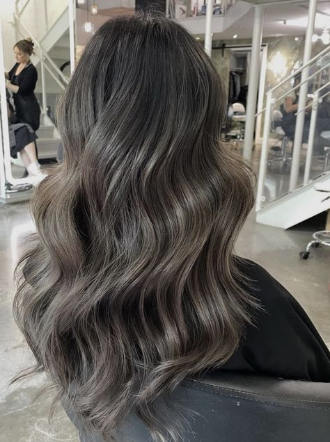 Dark Ashy Brunette Hair, Grey Brown Balayage, Mushroom Ash Brown Balayage On Dark Hair, Ash Brown Toner, Brunette To Ash Blonde, Hair Color Ideas Ash Brown, Dark Ash Brown Hair With Highlights, Ash Brown Balayage On Black Hair, Silver Brown Hair