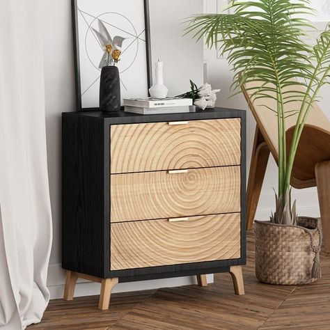 COZAYH Modern Farmhouse Nightstand, Drawer with Handcrafted Wood Ring Motif, Black Nightstand - On Sale - Bed Bath & Beyond - 37031393 Modern Farmhouse Nightstand, Nightstand Drawer, Farmhouse Nightstand, Mid Century Chic, Farmhouse Dresser, Metal Nightstand, Black Nightstand, Rustic Nightstand, Painted Dresser