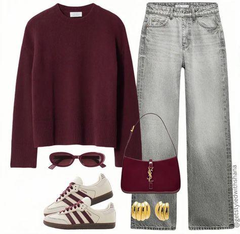 Gray Jeans Outfit Fall, Cozy College Outfit, Maroon Sweater Outfit, Burgundy Sweater Outfit, Maroon Outfit, Outfit Grey, Winter Sweater Outfits, Color Coordination, Burgundy Jeans