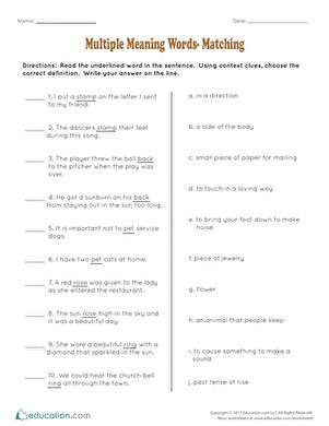 Matching a word to its definition can be tricky, especially in the case of homonyms. Homonyms are words that have multiple meanings. This matching exercise will help your student identify the true meaning of the word through context clues.#educationdotcom Third Grade Reading Worksheets, Multiple Meaning Words Worksheet, Antonyms Worksheet, Ixl Learning, Meaning Words, Multiple Meaning Words, Activity Workbook, Third Grade Reading, Synonyms And Antonyms