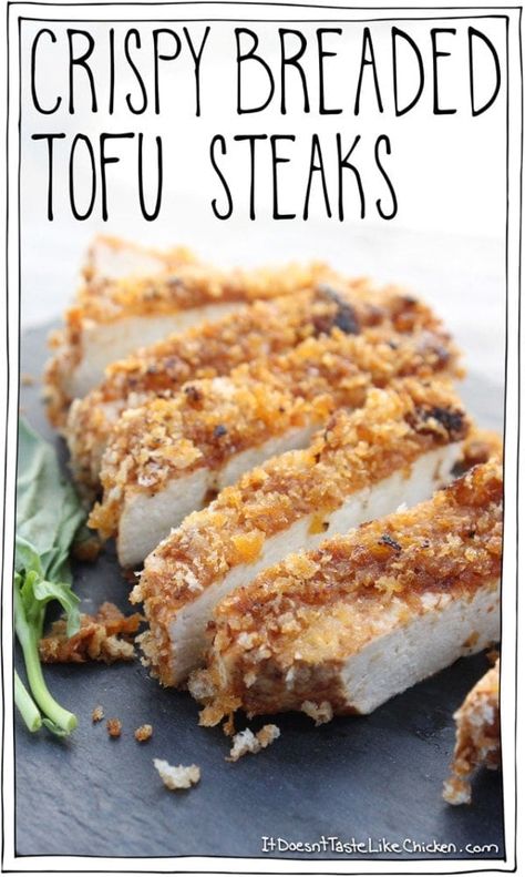 Crispy Breaded Tofu Steaks - It Doesn't Taste Like Chicken Seitan Steak, Tofu Steaks, Crusted Tofu, Breaded Tofu, Vegan Seitan, Tofu Steak, Tofu Sandwich, Tofu Tacos, Like Chicken