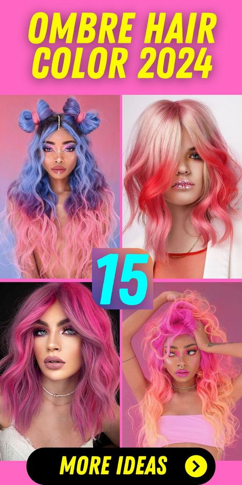 Redefine your style with ombre hair color trends in 2024. From options tailored for brunettes to striking choices for black hair, there's an ombre for every preference. Whether you're intrigued by pink, blue, or purple ombre, these hues can transform your appearance. Short or long hair, curly or straight locks—ombre allows versatility. Curtain bangs add an elegant touch, and you can experiment with different styling methods. Blonde And Blue Hair Ombre, Purple And Pink Hair Color Ideas, Vivid Hair Color Placement, Creative Hair Color Placement, Pink And Purple Hair Ideas, Color Melt Hair, Ombre Hair At Home, Hair Color Placement, Pink Ombre Hair