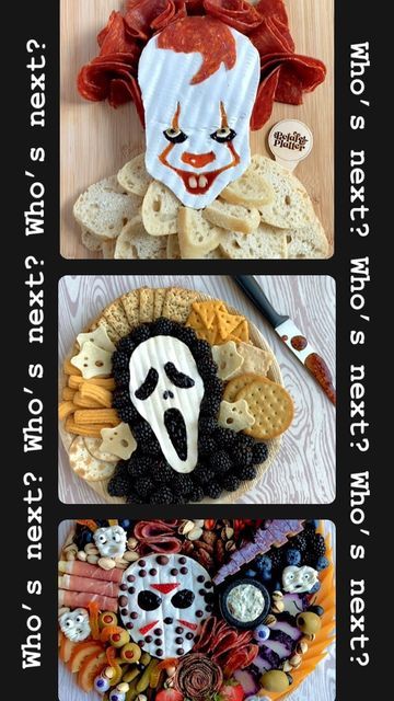 Scary Movie Charcuterie Board, Ghostface Cheese Board, Jason Charcuterie Board, Halloween Prosciutto Skull, Ghost Face Brie, Scream Face Brie, It Themed Food, Skeleton Brie Cheese, Skeleton Meat Platter