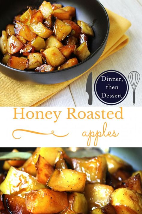 Honey Roasted Apples - Crispy while soft, sweet while salty, these Honey Roasted Apples are an absolute amazing side to a for pork, chicken and stuffed pastas. Witchcraft Kitchen, Slow Cooker Honey Garlic Chicken, Apples And Honey, Comfort Food Desserts, Dinner Then Dessert, Roasted Apples, Apple Recipe, Pork Chicken, Baked Fruit