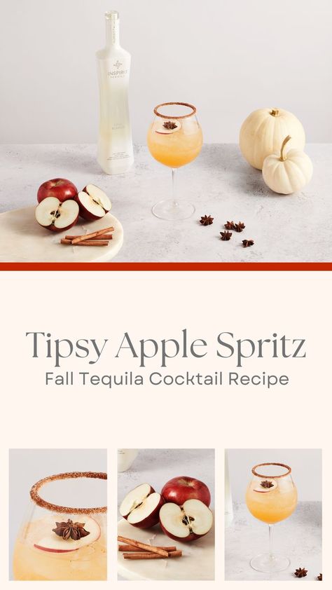 A series of photos showing an orange drink with apple + star anise garnish. Photos show apple slices, cinnamon, + a cocktail. Text overlay reads Tipsy Apple Spritz Fall Tequila Cocktail Recipe Fall Tequila Cocktails, Apple Simple Syrup, Tequila Spritzer, Cinnamon Sugar Rim, Fall Drink Recipes, Simple Cocktail, Tequila Cocktail, Fall Cocktail, Cocktail Ideas