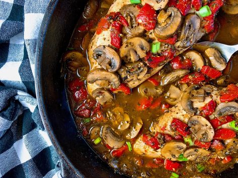 Skillet Chicken with Mushrooms, Roasted Peppers and Herbs Chicken With Peppers And Mushrooms, Chicken Peppers Mushrooms Recipe, Chicken With Roasted Red Peppers, Roasted Tomato Chicken, Chicken Peppers And Onions, Mushrooms Roasted, Chicken Thighs Mushrooms, Red Pepper Recipes, Chicken With Mushrooms