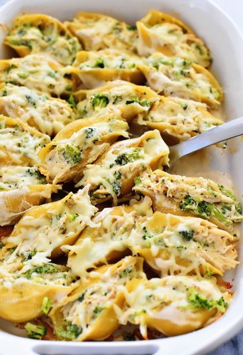 11 Delicious Fall Recipes Your Family Will Love - Chaylor & Mads Easy Chicken Broccoli Alfredo, Chicken And Broccoli Stuffed Shells, Broccoli Stuffed Shells, Chicken Alfredo Stuffed Shells, Alfredo Stuffed Shells, Shells Stuffed, Chicken Stuffed Shells, Resep Pasta, Chicken Broccoli Alfredo