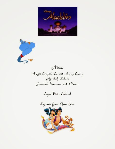 Aladdin Theme Dinner Menu Movie Themed Dinner, Movie Themed Dinner Ideas, Themed Dinner Ideas, Movie Meals, Disney Movie Themed Dinner, Disney Meals, Themed Dinners Ideas, Disney Movie Night Menu, Aladdin Theme