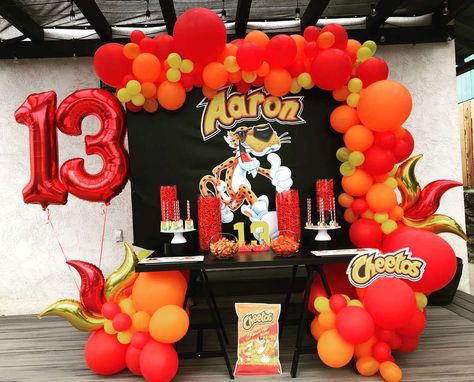 Aj’s 13th Hot Cheetos Birthday Party | CatchMyParty.com Hot Cheetos Party, Flamin Hot Cheetos, Teenage Birthday Party, Suprise Birthday, Milka Chocolate, Mexican Birthday Parties, Mexican Party Decorations, Hot Cheetos, Mexican Birthday