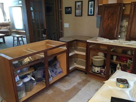 from kitchen island to peninsula kitchen remodel, home improvement, kitchen design Bar Peninsula, Kitchen Frames, Timber Benchtop, Diy Concrete Counter, Peninsula Kitchen, Kitchen Island Makeover, Builder Grade Kitchen, Java Gel, New Cabinets