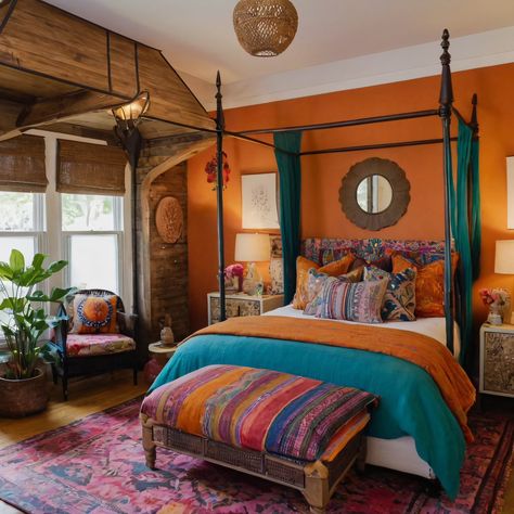 ⚠️LINK IN BIO⚠️ A stylish bohemian guest bedroom with a canopy bed, vibrant textiles, and eclectic decor for a welcoming and unique guest experience. #GuestBedroom #Bohemian #CanopyBed #ColorfulTextiles #EclecticDecor Colorful Textiles, Canopy Bed, Guest Experience, Eclectic Decor, Guest Bedroom, Textiles, Bedroom, Bed