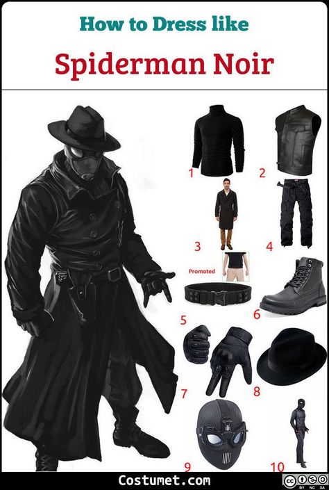 Spiderman Noir costume is a black turtleneck underneath a black vest, black pants, black boots, black gloves, and a black trench coat. He also has an all-black mask.            #Male #male #movies #tv #comics #Marvel #Spiderman #noir #detective Spiderman Noir Outfit, Noir Spiderman Cosplay, Male Trench Coat Outfit, Spider Noir Costume, Detective Spiderman, Black Noir Spiderman, Spider Man Noir Cosplay, Spiderman Noir Cosplay, Spider Noir Cosplay