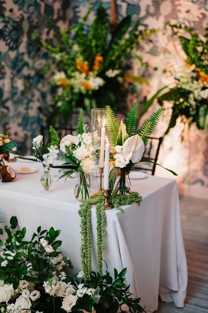 Tropical Sweetheart Table Wedding, Orchid Sweetheart Table, Tropical Head Table, Tropical Sweetheart Table, Bridal Table Flowers, Key Largo Wedding, Main Table Wedding, Tropical Wedding Theme, Table Flower Arrangements