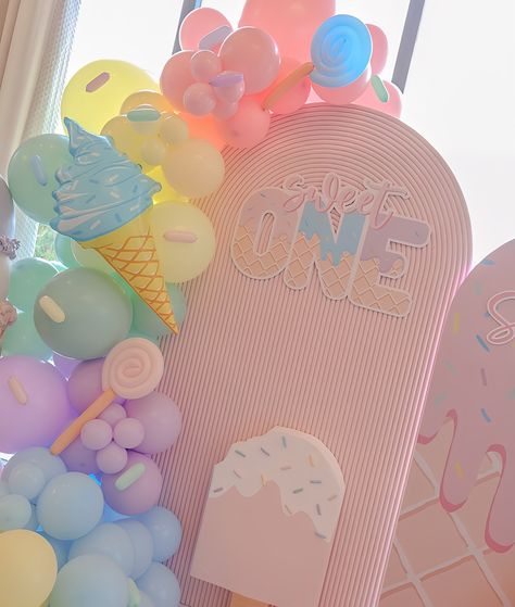 Sophia’s Sweet One 🍦🍬🍭 Backdrop + Balloons + decor @janettloveshop Bounce House + Ball Pit @bouncebrightparty #sweetone #sweetonetheme #sweetonebirthday #sweetonebackdrop #sweetoneballoons #sweetoneballoongarland #icecream #icecreamthemedparty #candyland #candylandtheme #candylandparty #firstbirthday #firstbirrhdayideas Sweet One Backdrop, Sweet One First Birthday Decorations, First Birthday Sweet One, Sweet One First Birthday, Backdrop Balloons, Ice Cream Party Theme, Balloons Decor, One Balloon, Candyland Party