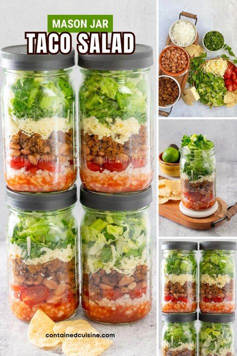 This easy Taco Salad in a Jar recipe is a quick and easy way to meal prep a healthy salad with lots of Mexican flavor. With layers of lettuce, cilantro, onion, tomatoes, cheese, beans and beef, this protein-packed, meal-size taco salad is perfect for lunch or dinner. Mason Jar Meal Prep Healthy, Taco Salad Meal Prep Lunch Ideas, Salad In Jar Recipes, Mason Jar Salads For A Week Meal Prep, Taco Salad Jar, Salads In A Jar Recipes, Mason Jar Lunch Ideas, Meal Prep Taco Salad, Jar Taco Salad