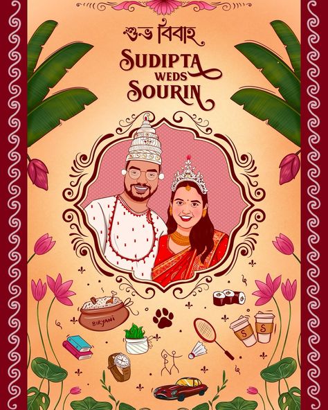 Proper Bengali wedding invite full of love and Doodles ✨✨ Bride and groom in tradition attire with adorable Topor (mukuts) ❤️ Dm to know more @aguywithbrush #weddinginvite #einvitation #aguywithbrush #art #bengali #bengaliwedding #bengaliculture #savethedate #einvite #illustration #illustration Wedding Illustrations, Bengali Culture, Bengali Art, Unique Wedding Cards, Birthday Captions Instagram, Bengali Wedding, Birthday Captions, Wedding Illustration, Full Of Love