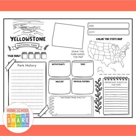 National Park Research Project, Yellowstone Homeschool Unit, National Parks Unit Study, Rubric Template, Geography Project, Rubrics For Projects, Trip Games, Map Worksheets, Hindi Worksheets