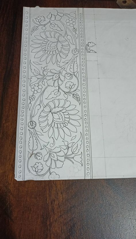 Pichwai Border Design, Embroidery Sketches Design Drawings, Saree Border Designs Drawing, Saree Border Embroidery Design, Embroidery Outline Designs, Saree Border Designs, Textile Border Design, Saree Painting Designs, New Embroidery Designs