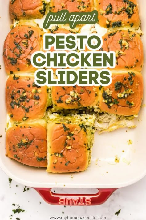 Chicken Pesto Sliders | My Home Based Life Chicken Pesto Hawaiian Roll Sliders, Pesto Hawaiian Sliders, Hawaiian Roll Sliders Pesto, Chicken Pesto Sliders Recipes, Pesto Chicken Sliders Hawaiian Rolls, Healthy Chicken Sliders, Pesto Sliders Recipes Hawaiian Rolls, Hawaiian Roll Chicken Sliders, Sliders Recipes Hawaiian Rolls Chicken