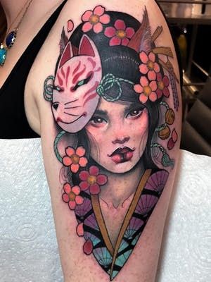 Cherry Blossom Tattoos: The Legend of Sakura | Tattoodo Japanese Tattoo Geisha, Hannah Flowers, Think Tattoo, Dibujos Tattoo, Geisha Tattoo, Kitsune Mask, Blossom Tattoo, Cherry Blossom Tattoo, Cherry Blossom Tree