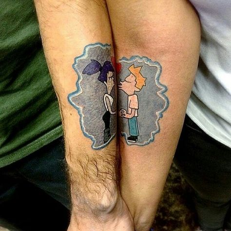 Fry and Leela Tv Tattoo Ideas, Commitment Tattoos, Red Hair Tattoos, Rare Tattoo Ideas, Best Couple Tattoos Unique, Futurama Tattoo, Rare Tattoo, Fandom Tattoos, Cool Aesthetic Tattoos