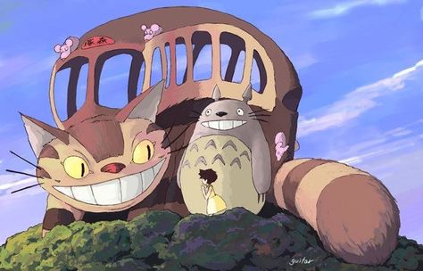 Totoro and Cat Bus Totoro Party, Totoro Art, Cat Bus, Ghibli Tattoo, Personajes Studio Ghibli, Cartoon Cats, Ghibli Artwork, Studio Ghibli Movies, Studio Ghibli Art