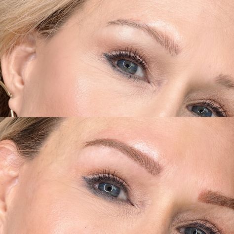 Ombre Powder Brows Blonde, Blonde Powder Brows, Ombre Brows Before And After, Micro Shading Eyebrows, Eyebrows Blonde Hair, Blonde Microblading Eyebrows, Eyebrows Shaping Plucking, Blonde Microblading, Eyebrow Ideas