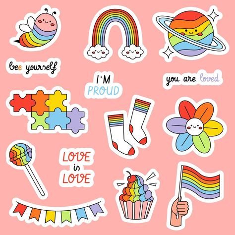 LGBT sticker set. Rainbow flag, cake, planet, cute bee and phrases. Pride month badges. Flat vector illustrations isolated on white background Lgbt Sticker, Flag Cake, Rainbow Flag, Logo Banners, Flat Vector, Cityscape Photos, Heart With Arrow, Pride Month, Vector Illustrations