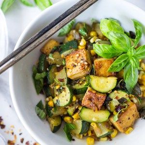 A fast and healthy dinner -Zucchini, Corn and Basil Skillet topped with your choice of shrimp, tofu or chicken. Simple and adaptable. Vegan, Gluten-free! | www.feastingathome.com Basil Stir Fry, Shrimp Tofu, Shrimp Stir Fry Recipe, Dinner Zucchini, Zucchini Recipes Baked, Best Zucchini Recipes, Zucchini Corn, Vegan Stir Fry, Easy Zucchini Recipes